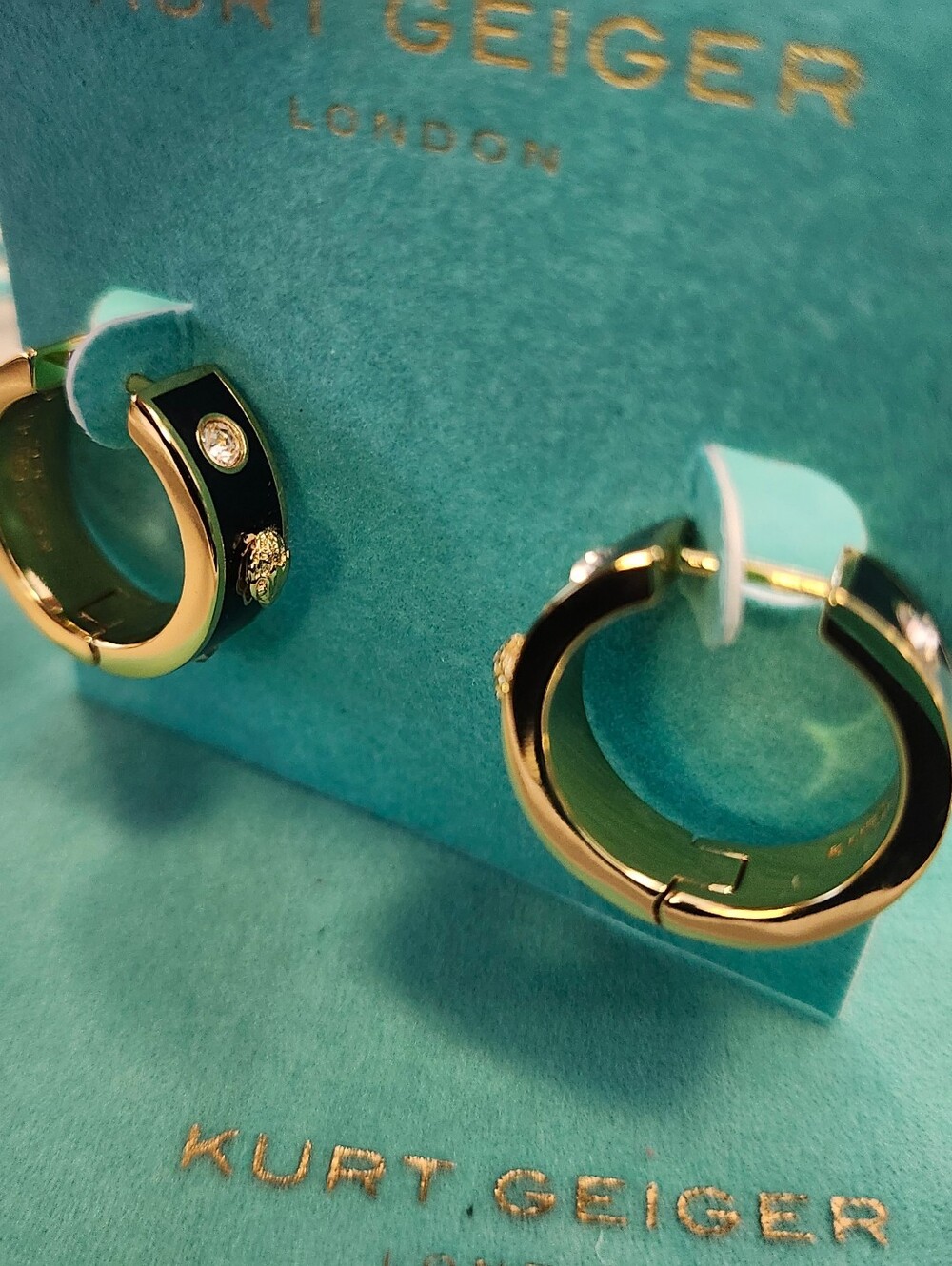 NWT Kurt Geiger Small Black Enamel Eaglehead Hoop Earrings with Crystal Accents
